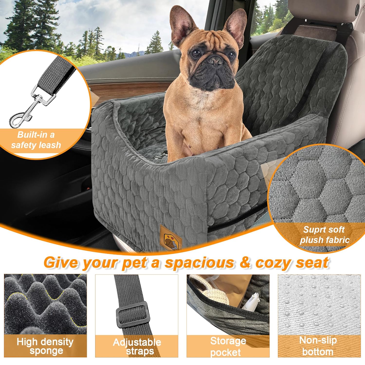 Dog Car Seat for Small/Medium Dogs, Memory Foam Dog Booster Seat, Travel Safety Per Car Seat with Washable Removable Cover, Storage Pockets for Dogs up to 35 lbs(Gray)