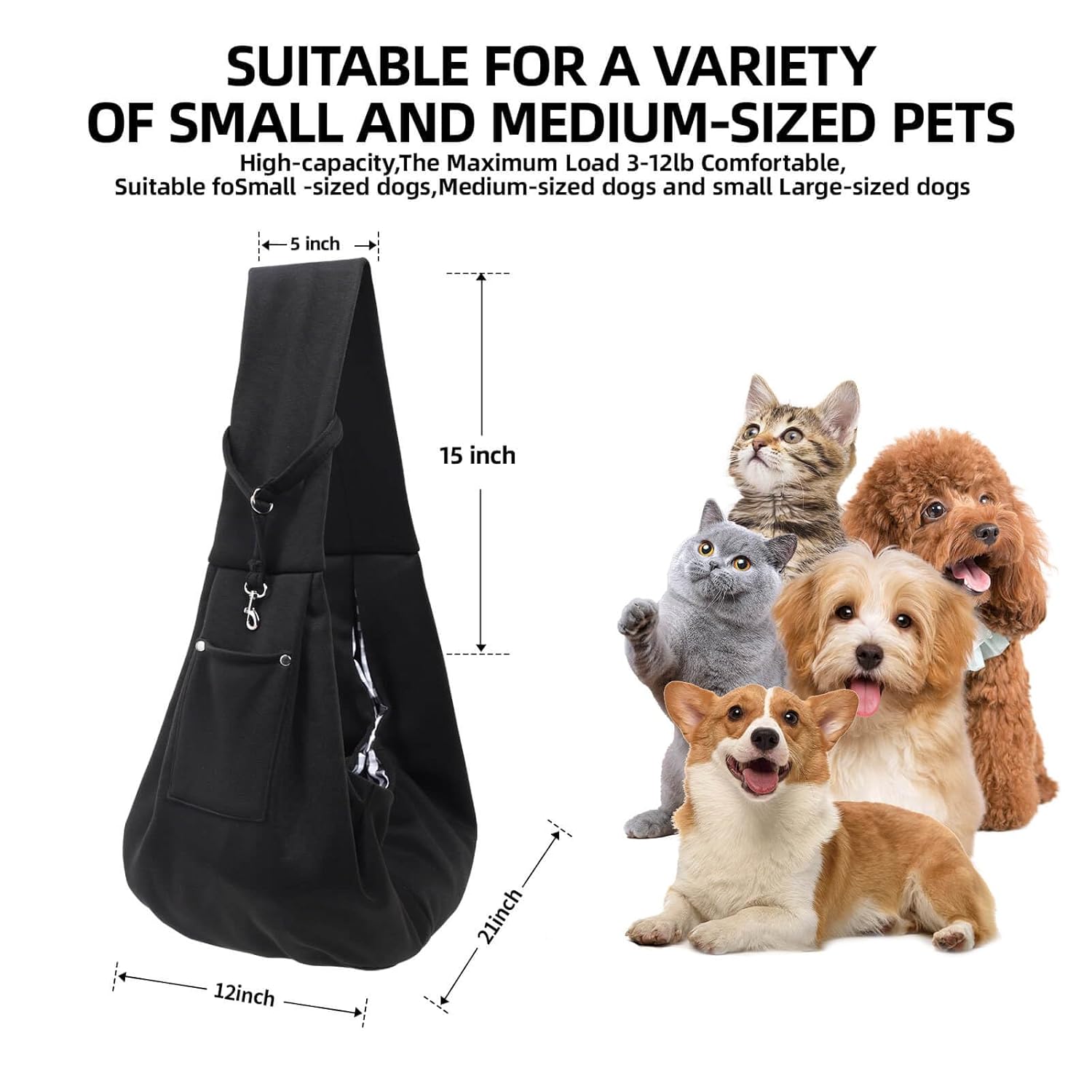 Dog Carrier Sling - Reversible Puppy Carrier Purse with Storage Pocket, Hand-Free Dog Sling Carrier for Carry Small Dogs and Cats, Travel Safety Harness, Dog and Cat Harness(Black)