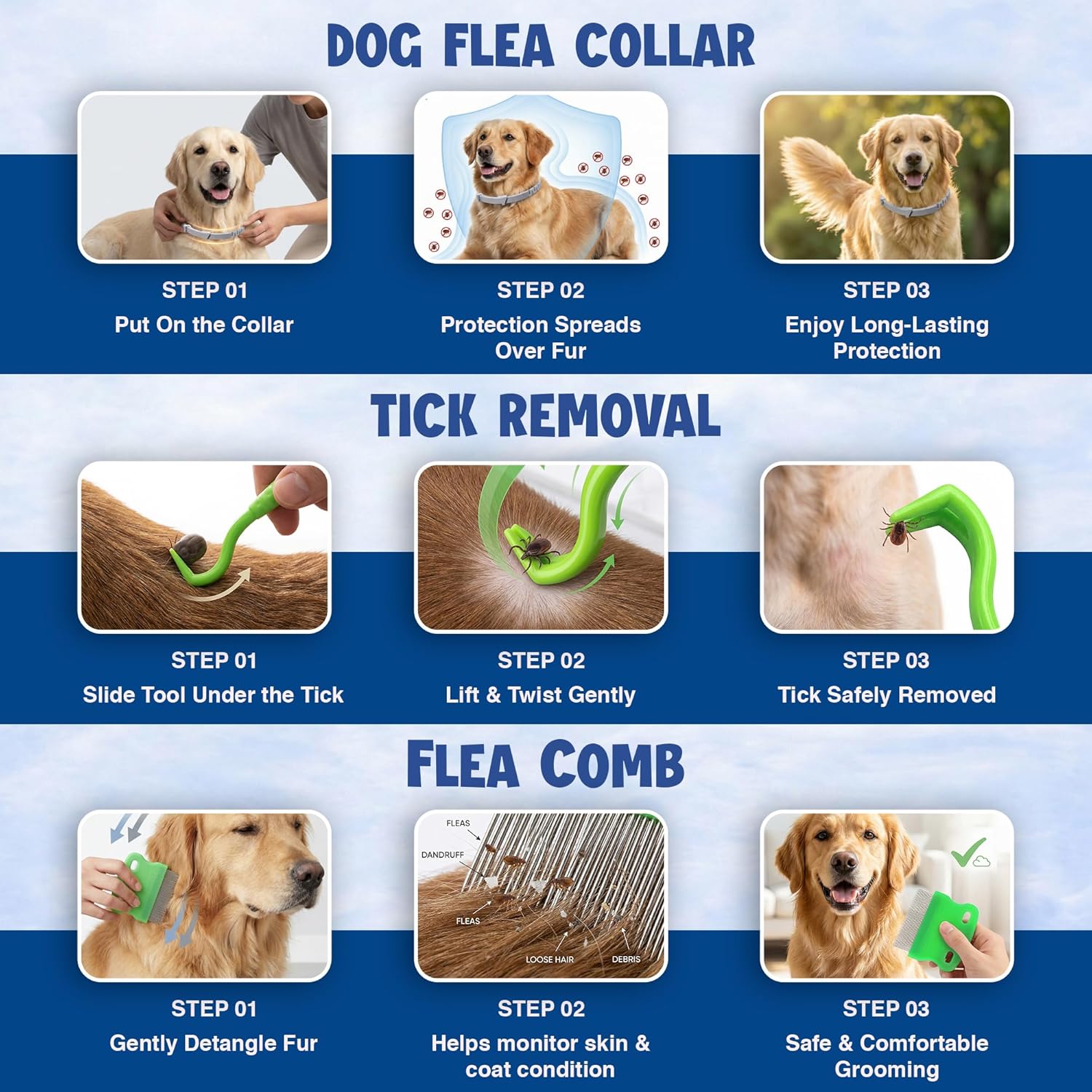 Dog Flea and Tick Collar (2 Pack) – Natural Waterproof Flea Collar for Dogs & Puppies with 8 Month Protection Adjustable Dog Flea Collar Includes Tick Removal Tools & Flea Comb