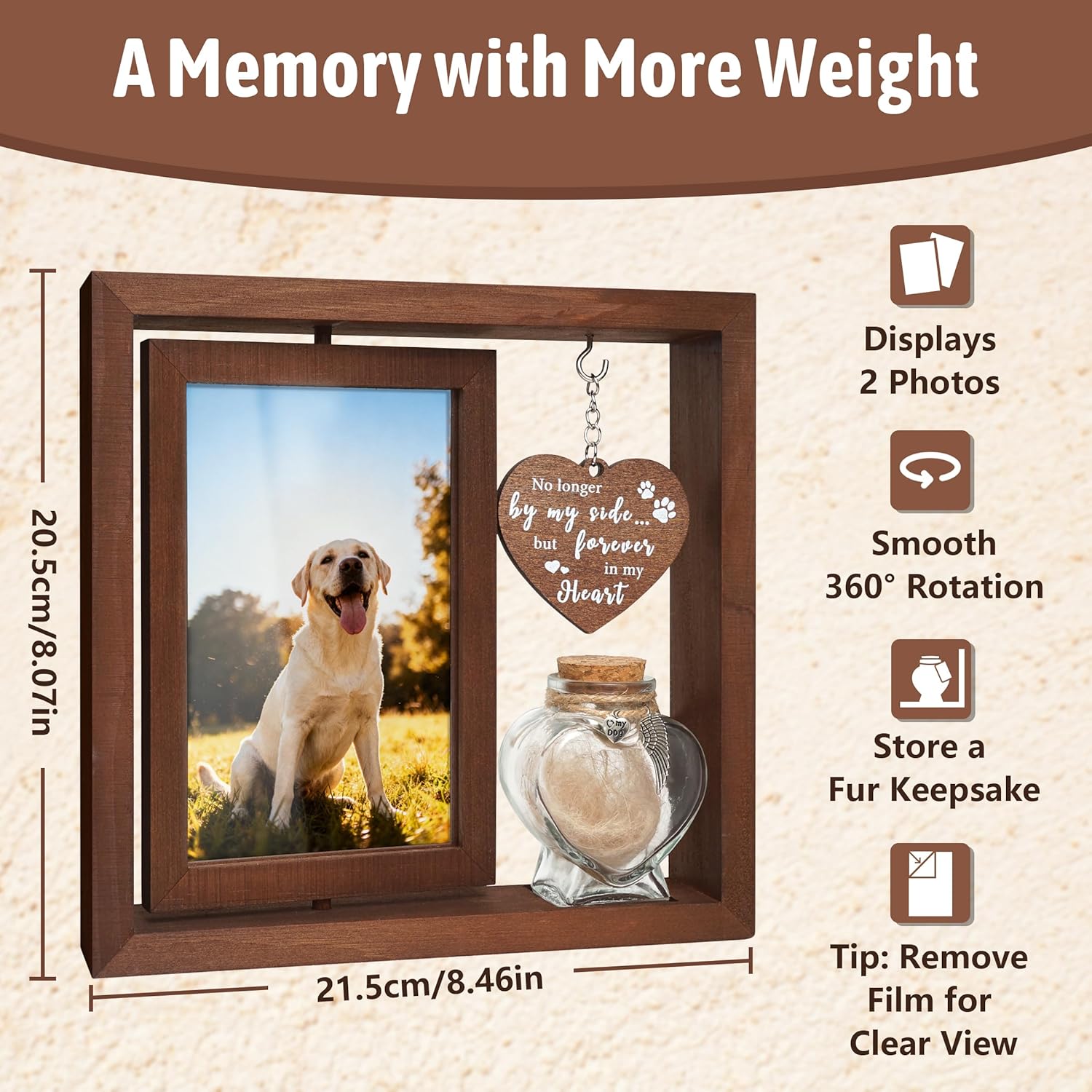 Dog Memorial Gifts for Loss of Pet - Rotating Wooden Frame for 4x6 Photo & Fur Hair Jar - Sympathy Gift for Pet Bereavement, Remembrance Keepsake - Rainbow Bridge Gift for Dog...