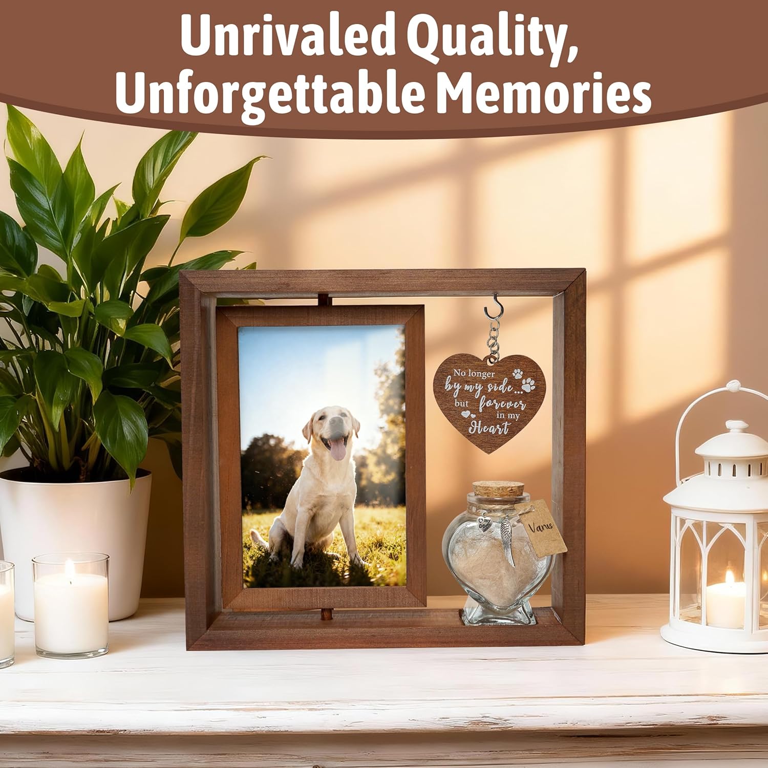 Dog Memorial Gifts for Loss of Pet - Rotating Wooden Frame for 4x6 Photo & Fur Hair Jar - Sympathy Gift for Pet Bereavement, Remembrance Keepsake - Rainbow Bridge Gift for Dog...