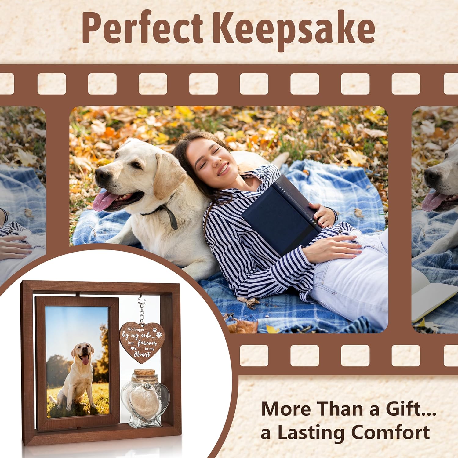 Dog Memorial Gifts for Loss of Pet - Rotating Wooden Frame for 4x6 Photo & Fur Hair Jar - Sympathy Gift for Pet Bereavement, Remembrance Keepsake - Rainbow Bridge Gift for Dog...