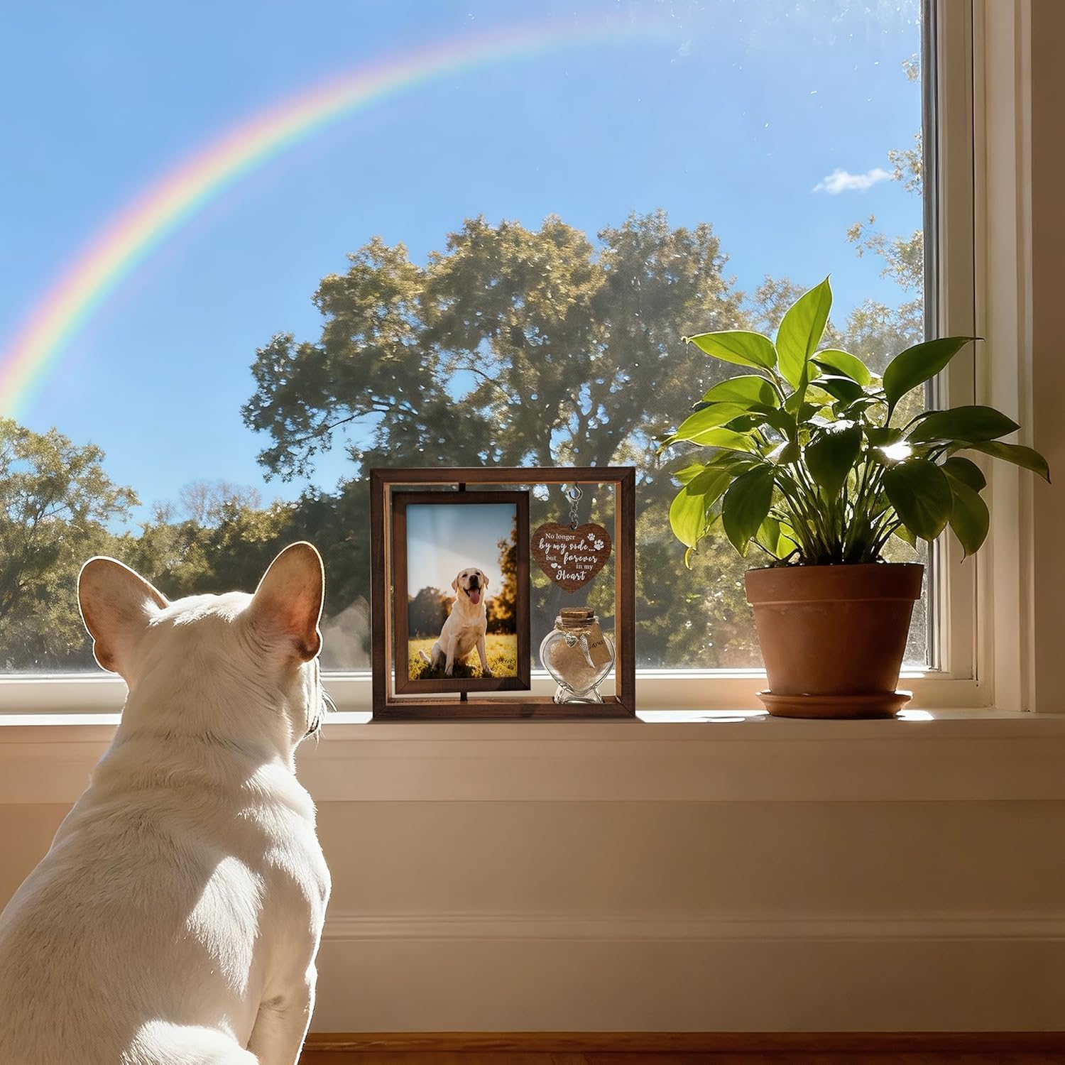 Dog Memorial Gifts for Loss of Pet - Rotating Wooden Frame for 4x6 Photo & Fur Hair Jar - Sympathy Gift for Pet Bereavement, Remembrance Keepsake - Rainbow Bridge Gift for Dog...
