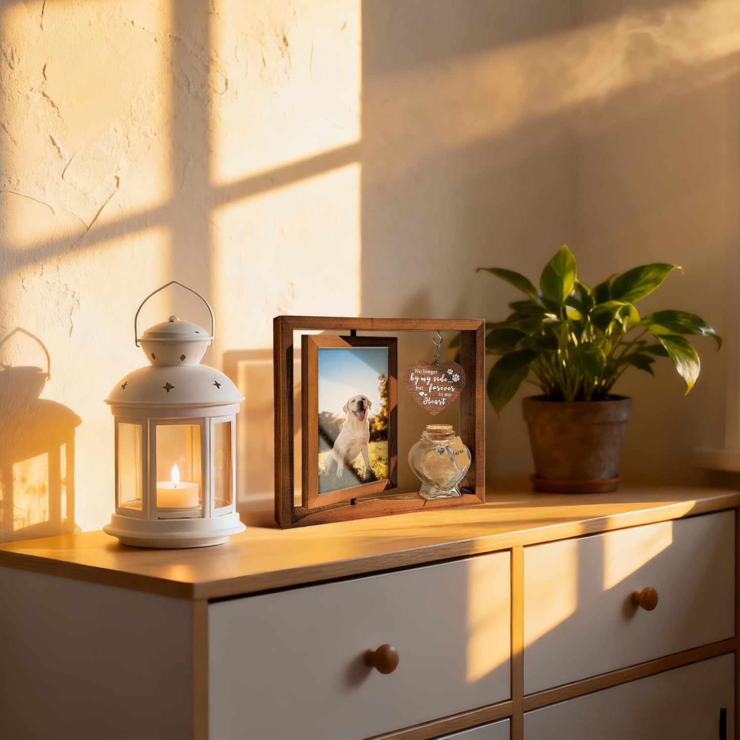 Dog Memorial Gifts for Loss of Pet - Rotating Wooden Frame for 4x6 Photo & Fur Hair Jar - Sympathy Gift for Pet Bereavement, Remembrance Keepsake - Rainbow Bridge Gift for Dog...