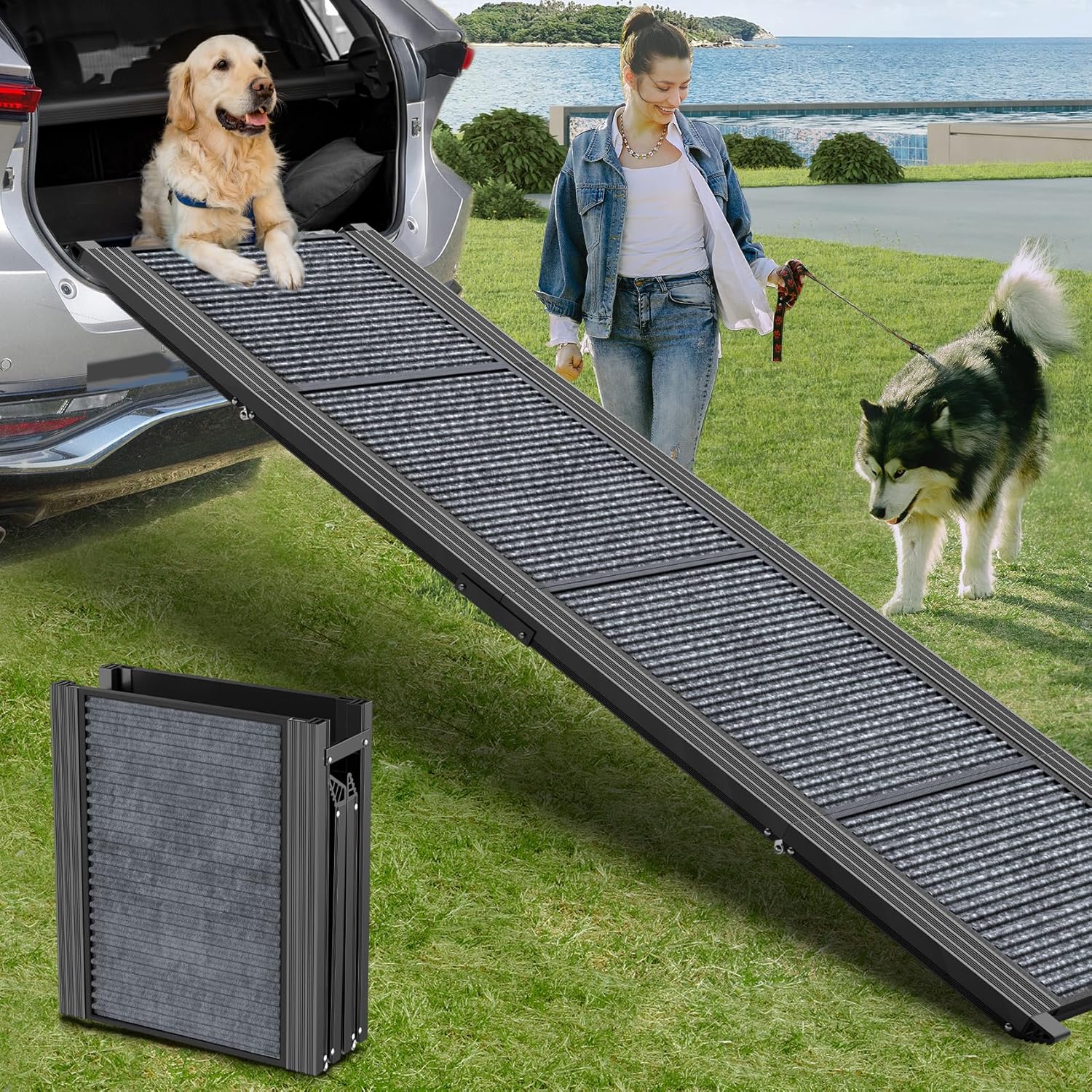 Dog Ramp for Car 63" Long & 17" Wide Portable Dog Ramps for Large Dogs with Non-Slip Rug Surface Dog Car Ramp for SUV Car & Truck, Folding Dog Ramp Up to 250LBS
