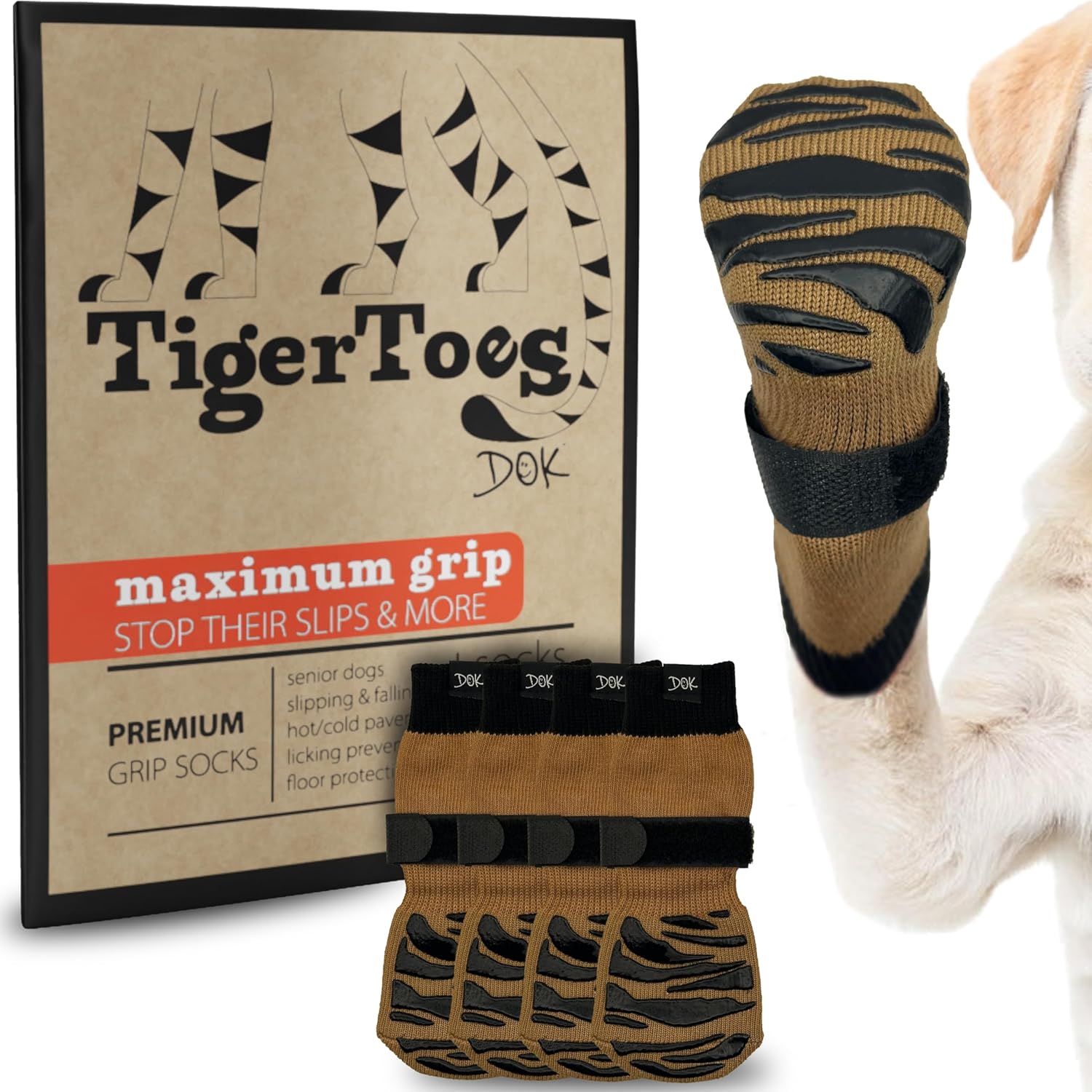 DOK TigerToes Premium Non-Slip Dog Socks for Hardwood Floors - Extra-Thick Grip that Works Even When Twisted - Prevents Licking, Slipping, and Great for Dog Paw Protection -...