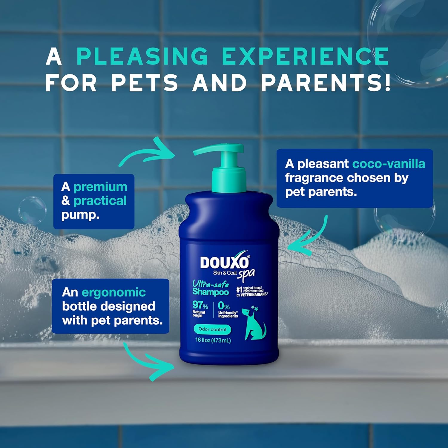 DOUXO® Skin & Coat SPA - Ultra-Safe Odor Control Dog Shampoo for Smelly Dogs, 16 fl oz, Cleans and Hydrates The Skin, Removes Odor, Leaves The Coat Soft and Smelling Great,...