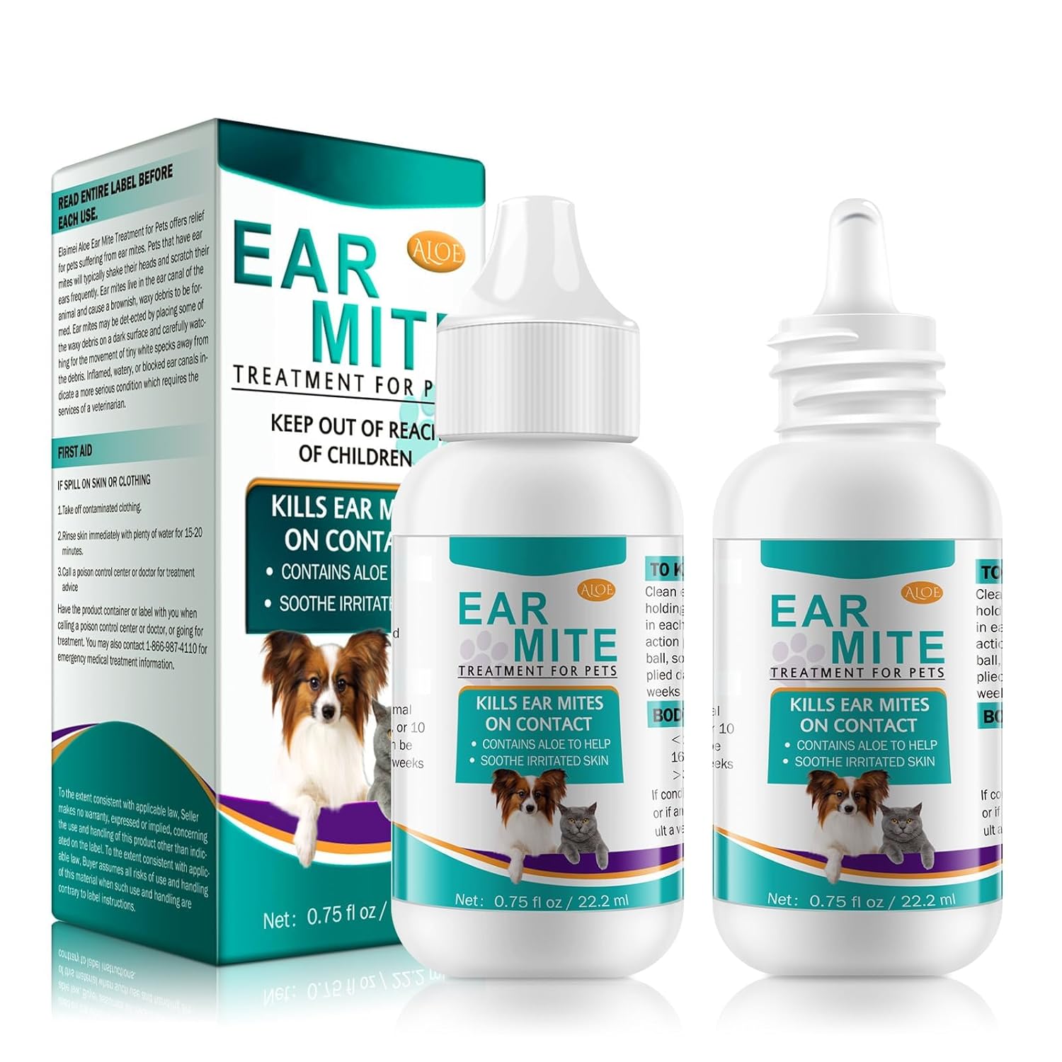 Ear Mites Clean for Dogs & Cat, with Aloe Vera, Cleaner on Contact & Soothes Itching, Vet-Recommended Formula for Pets Ear Cleaning, Fast-Acting