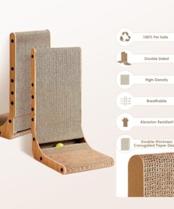 EHEYCIGA Cardboard Cat Scratcher for Indoor Cats, 26.8 Inch L Shaped Vertical Cat Scratching Board with Ball Cat Toy, Large Cat Scratcher Pad, Brown