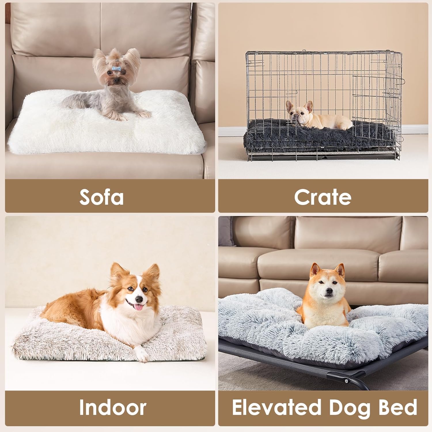 EHEYCIGA Fluffy Dog Crate Bed for Extra Large Dogs, Plush Faux Fur Pet Crate Pad, Calming Anti Anxiety XL Dog Bed, Washable Soft Warm Mat with Non-Slip Bottom, Brown