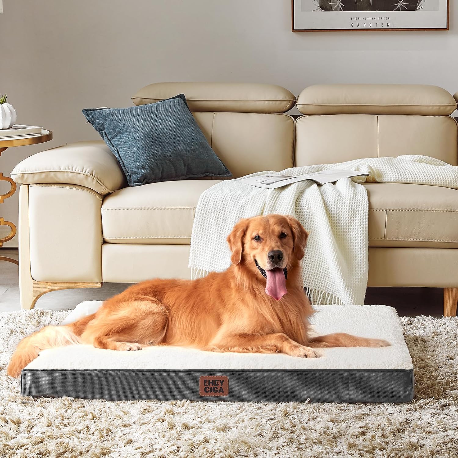 EHEYCIGA Orthopedic XL Dog Beds for Extra Large Dogs with Removable Washable Cover for Crate, Beige, 41x27
