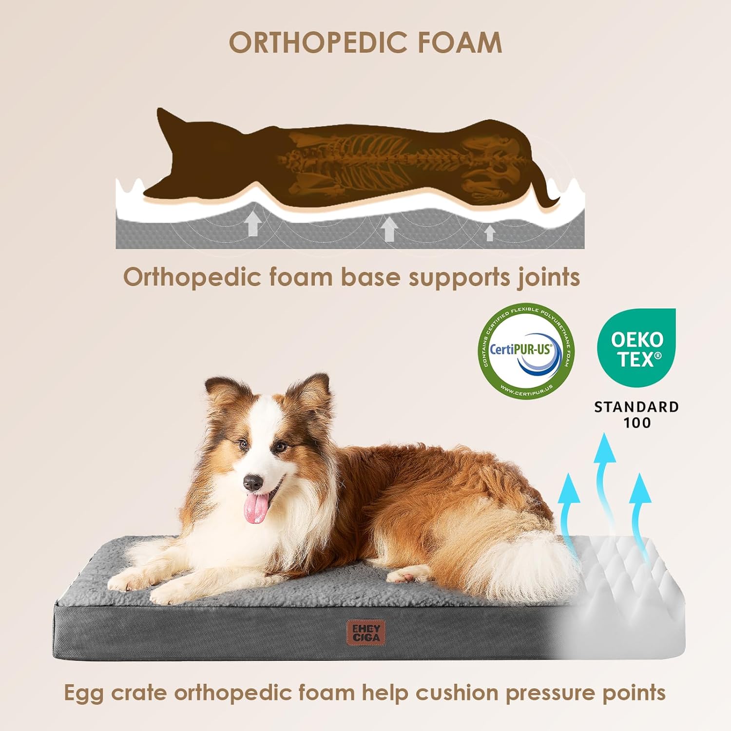 EHEYCIGA Orthopedic XL Dog Beds for Extra Large Dogs with Removable Washable Cover for Crate, Grey, 41x27