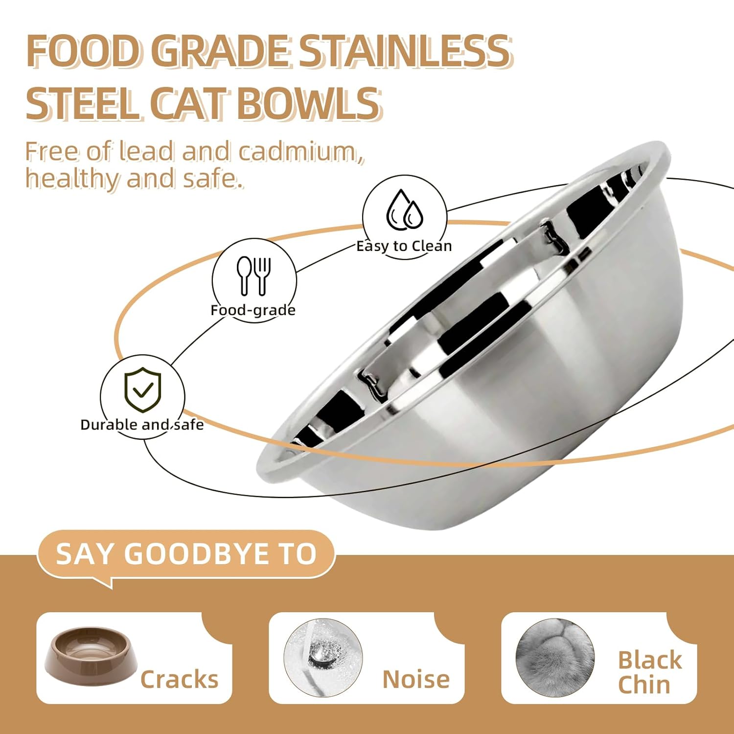 Elevated Cat Bowl, Raised Cat Food and Water Bowl Set for Indoor Cats, Splash Proof with 2 Stainless Steel Pet Food Bowls for Cats and Puppies, Whisker Fatigue and Dishwasher...