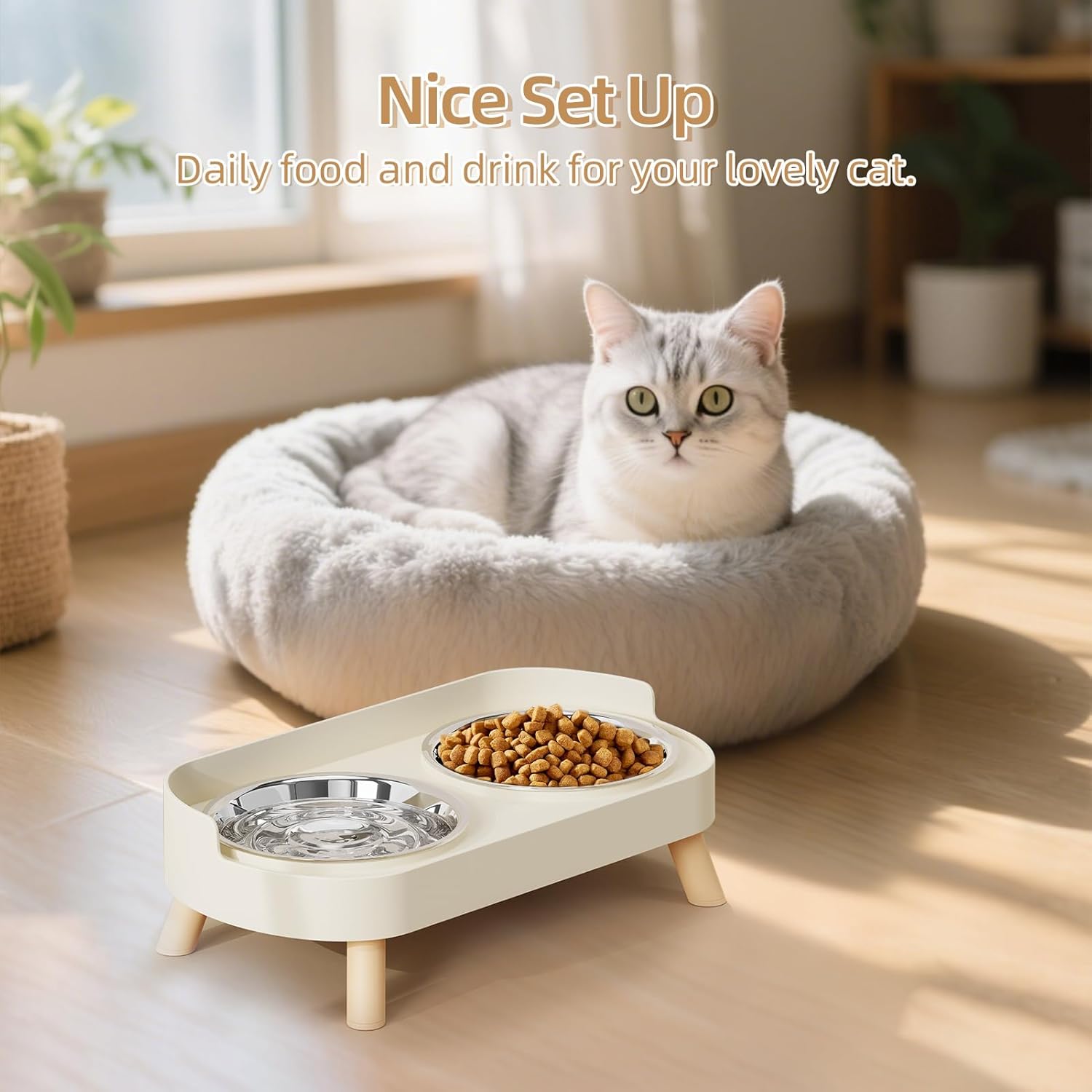 Elevated Cat Bowl, Raised Cat Food and Water Bowl Set for Indoor Cats, Splash Proof with 2 Stainless Steel Pet Food Bowls for Cats and Puppies, Whisker Fatigue and Dishwasher...