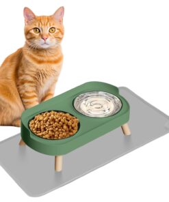 Elevated Cat Bowl, Raised Cat Food and Water Bowl Set for Indoor Cats, Splash Proof with 2 Stainless Steel Pet Food Bowls for Cats and Puppies, Whisker Fatigue and Dishwasher...