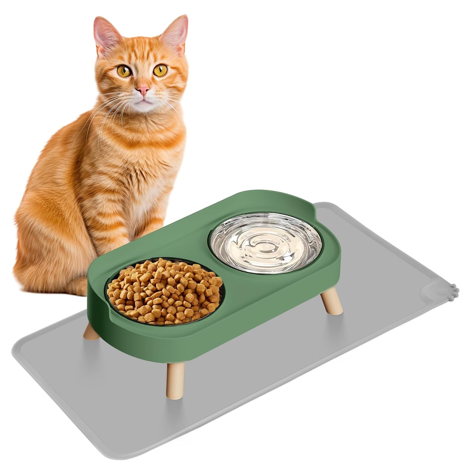 Elevated Cat Bowl, Raised Cat Food and Water Bowl Set for Indoor Cats, Splash Proof with 2 Stainless Steel Pet Food Bowls for Cats and Puppies, Whisker Fatigue and Dishwasher...