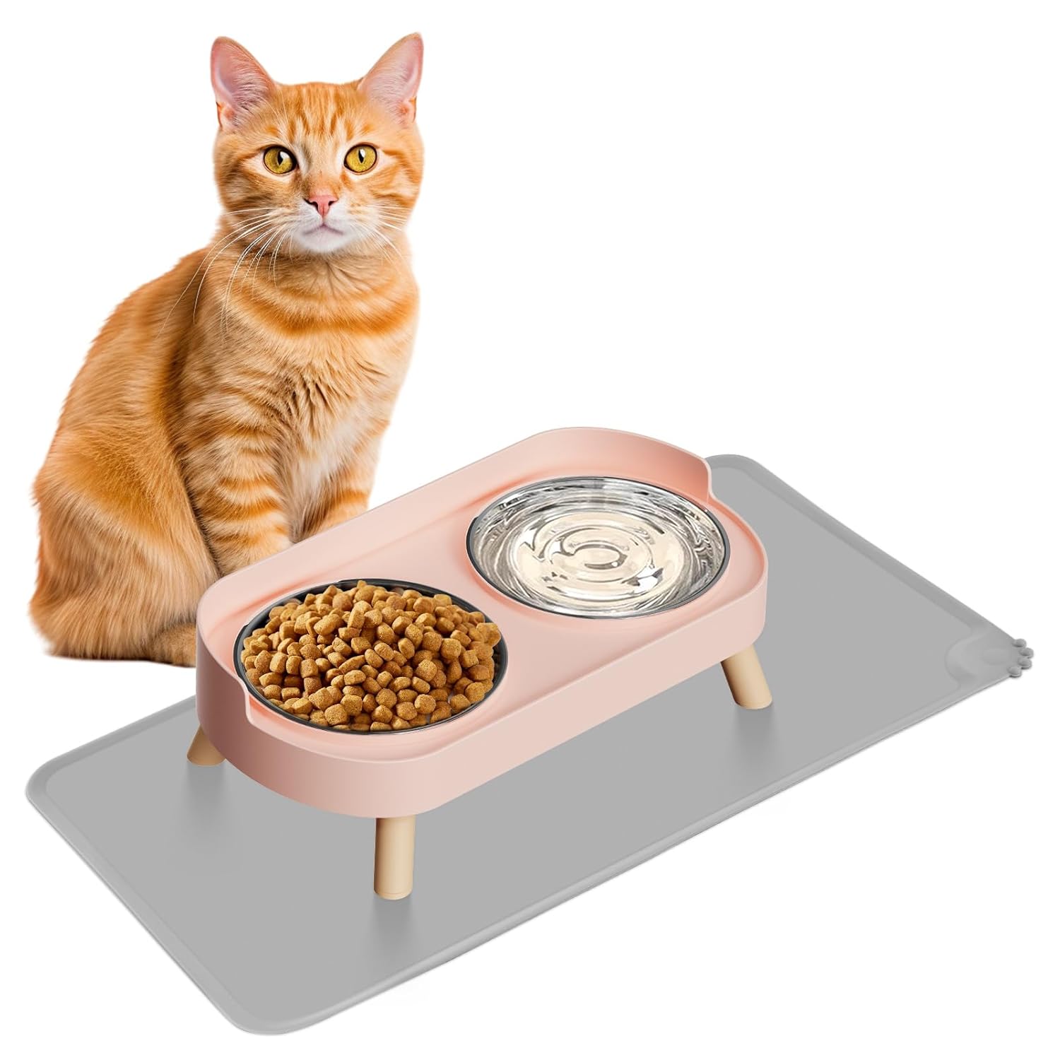 Elevated Cat Bowl, Raised Cat Food and Water Bowl Set for Indoor Cats, Splash Proof with 2 Stainless Steel Pet Food Bowls for Cats and Puppies, Whisker Fatigue and Dishwasher...