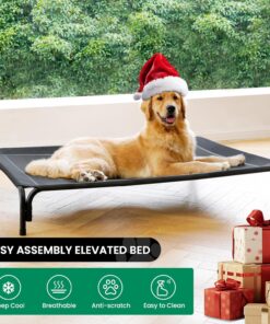 Elevated Dog Bed Raised Outdoor Dog Cot for Large Dogs, Installation Requires No Tools, Frame with Washable Cooling Breathable Mesh Anti-Slip Feet, Indoor Pet Bed, Black, 43.3...