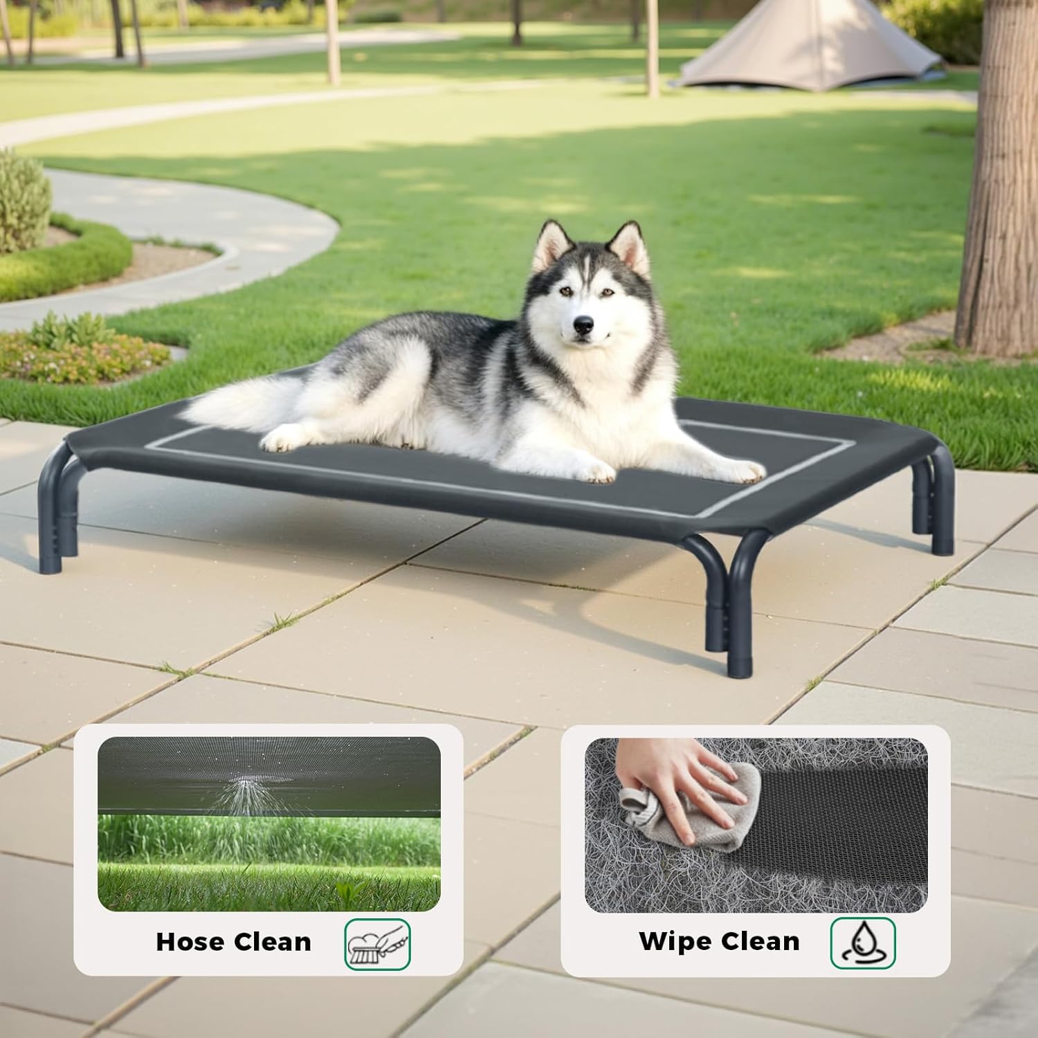Elevated Dog Bed Raised Outdoor Dog Cot for Large Dogs, Installation Requires No Tools, Frame with Washable Cooling Breathable Mesh Anti-Slip Feet, Indoor Pet Bed, Black, 43.3...