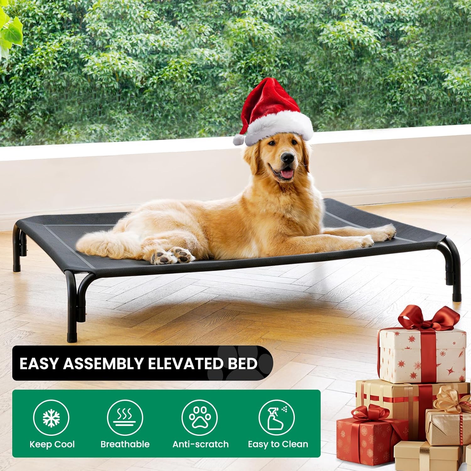 Elevated Dog Bed Raised Outdoor Dog Cot for Large Dogs, Installation Requires No Tools, Frame with Washable Cooling Breathable Mesh Anti-Slip Feet, Indoor Pet Bed, Black, 43.3...