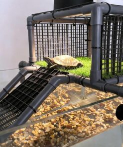 Elevated Turtle Basking Platform Above Tank, Turtle Topper Dock with Non-Slip Ramp and Grass, Extra Large Loft for 18-20” Wide 75/90/125 Gal (Grey/Black)