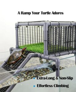 Elevated Turtle Basking Platform Above Tank, Turtle Topper Dock with Non-Slip Ramp and Grass, Extra Large Loft for 18-20” Wide 75/90/125 Gal (Grey/Black)