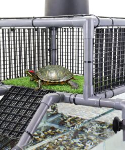 Elevated Turtle Basking Platform Above Tank, Turtle Topper Dock with Non-Slip Ramp and Grass, Extra Large Loft for 18-20” Wide 75/90/125 Gal (Grey/Black)