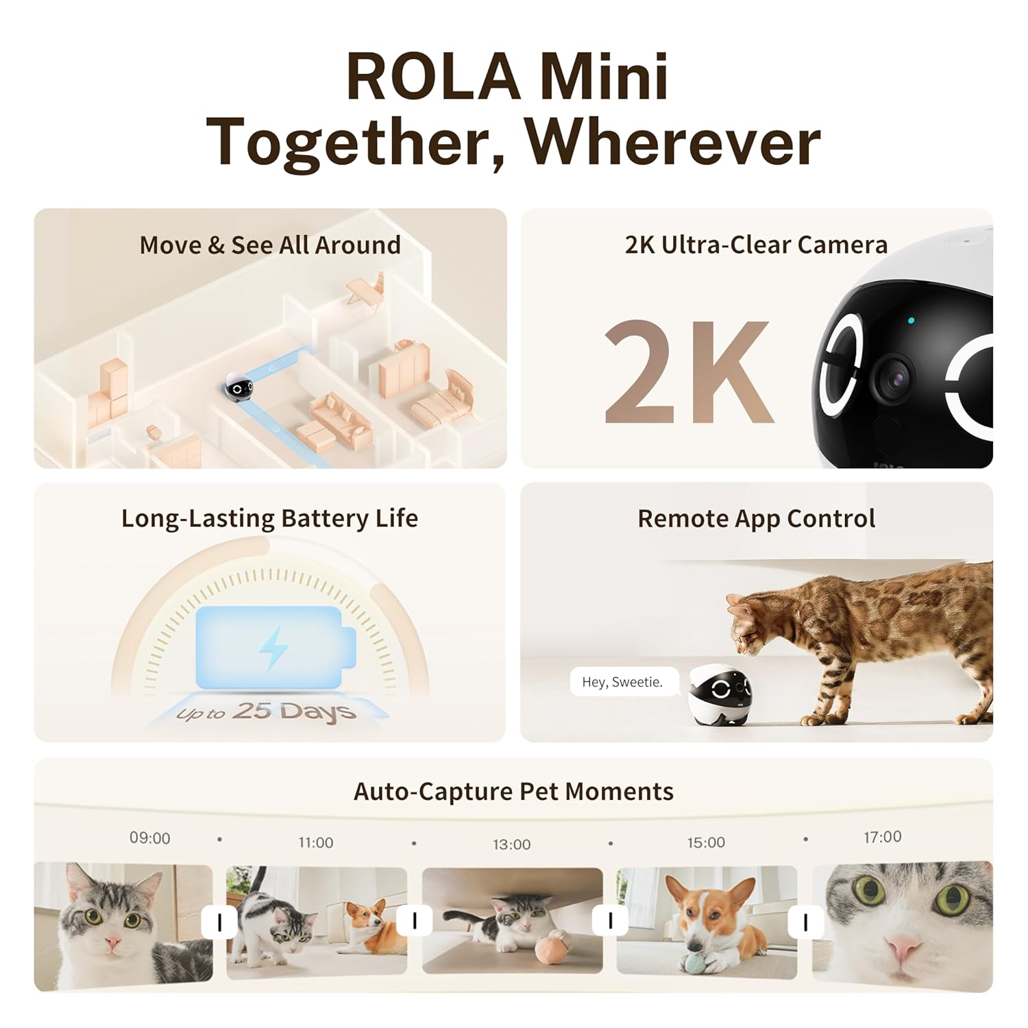 Enabot EBO ROLA Mini FamilyBot 2K Pet Camera Robot: Movable Indoor Camera Battery-Powered with Phone App, One-Touch Call, 2-Way Talk, Night Vision, Motion Detection, Video...