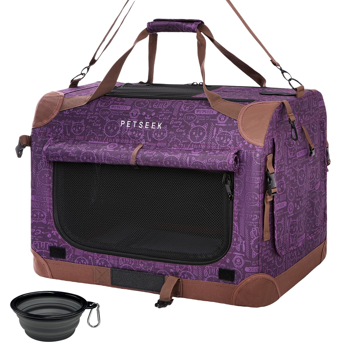 Extra Large Cat Carrier Soft Sided, Portable Small Dog Carrier for 2 Cats, 24"x16.5"x16" Car Travel Folding Comfortable Design with Litter Box and Bowls, Grey-2+ Litter Box+ Bowl*2