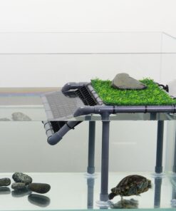 Extra Large Turtle Basking Platform, Sturdy Standing Dock with Non-Slip Ramp & Artificial Grass, Turtle Tank Accessories, Fits 50/65/75/90/125 Gal Tanks, Gray/Black