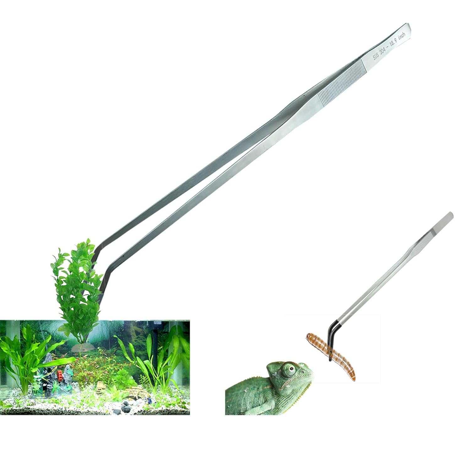 Extra Long Tweezers, Feeding Tongs, 18.9 inch Aquarium Stainless Steel Large Aquascape Tools for Fish Tank, Terrarium,Aquascaping, Reptile Snake (Curved)