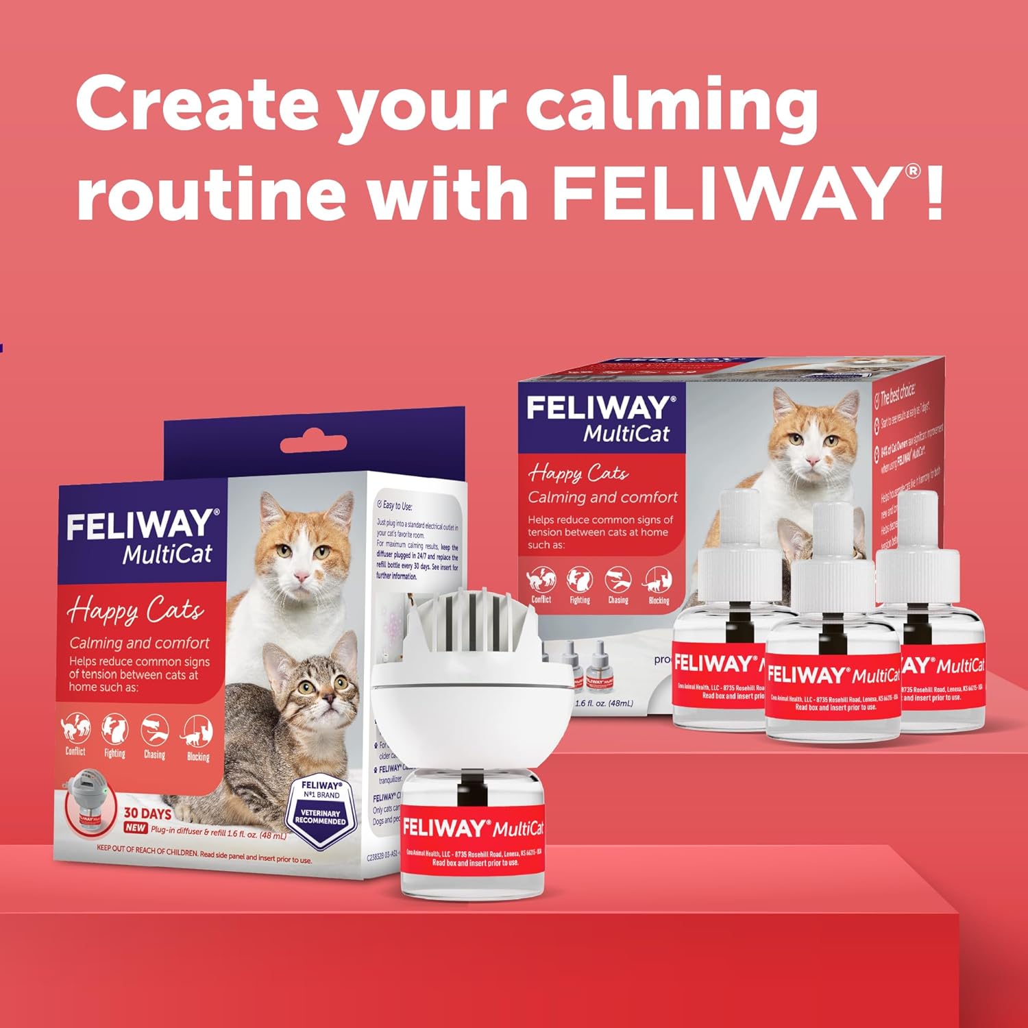 FELIWAY MultiCat 30 Day Cat Calming Plug In Pheromone Diffuser Starter Kit, 48ml - Helps Reduce Conflicts and Signs of Tension in Multi-Cat Households