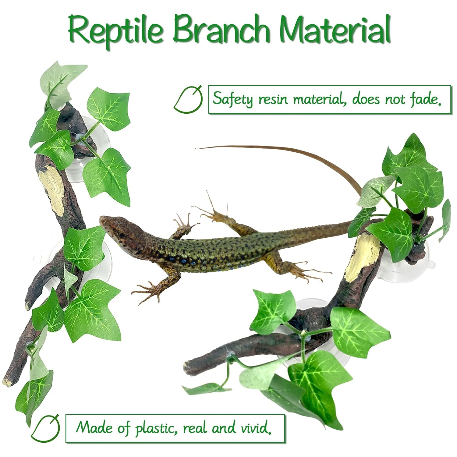 Fhiny 2 PCS Reptile Corner Branch, Resin Climb Tree Branch Decor with Leaves Tank Accessories Terrarium Plant Ornament with Suction Cup for Snake Lizard Bearded Dragons Gecko...