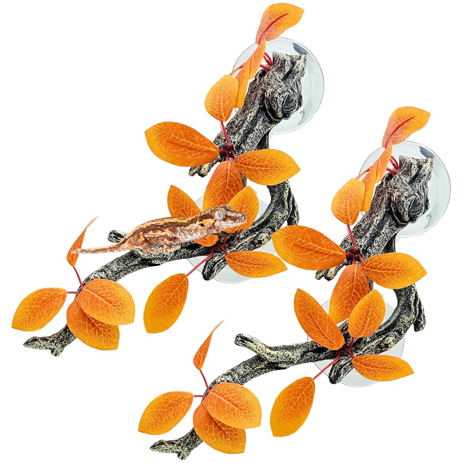 Fhiny 2 PCS Reptile Corner Branch, Resin Climb Tree Branch Decor with Leaves Tank Accessories Terrarium Plant Ornament with Suction Cup for Snake Lizard Bearded Dragons Gecko...
