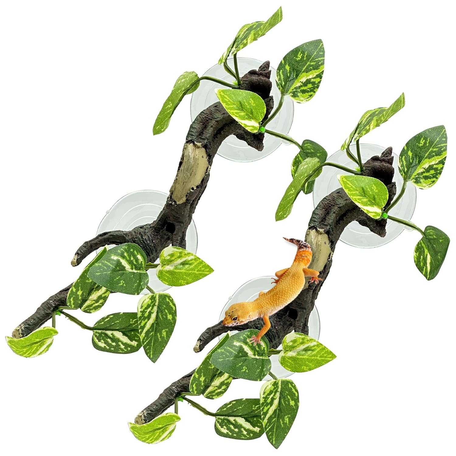 Fhiny 2 PCS Reptile Corner Branch, Resin Climb Tree Branch Decor with Leaves Tank Accessories Terrarium Plant Ornament with Suction Cup for Snake Lizard Bearded Dragons Gecko...