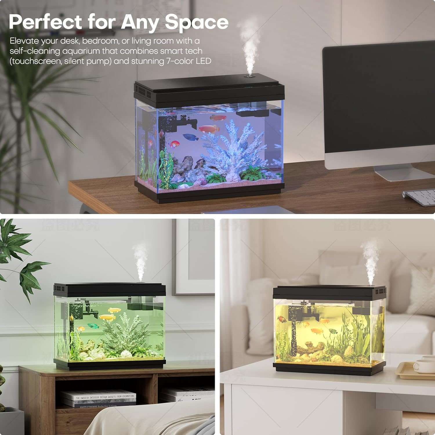 Fish Tank, 2.5Gallon Fish Aquarium,Self Cleaning Fish Tank Aquarium Starter Kit/Humidifier & Essential Oil Diffuser,Touchscreen Control,7-Color LED,3-in-1 Pump,Triple...