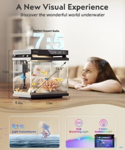 Fish Tank Smart Aquarium Kit: 2 Gal UHD Glass Silent Water Pump Self Cleaning System Temperature Monitoring Essential Oil Diffuser with Humidifier 7 Color Lights Multi-Layer...