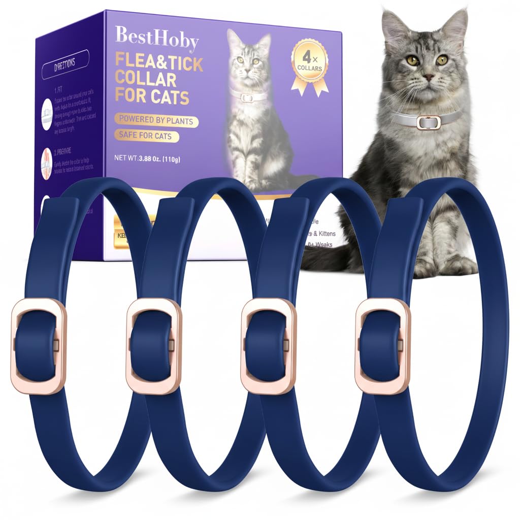 Flea and Tick Collar for Cats (4 Pack), Plant-Powered with Natural Essential Oils, Water-Resistant, Adjustable for All Cats & Kittens (Gray)