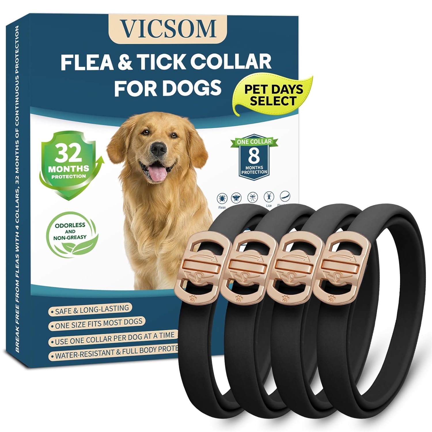 Flea and Tick Collar for Dogs 4 Pack, 32 Months Prevention, Waterproof, Adjustable for Small Medium Large Dogs Puppies (Black and Grey)