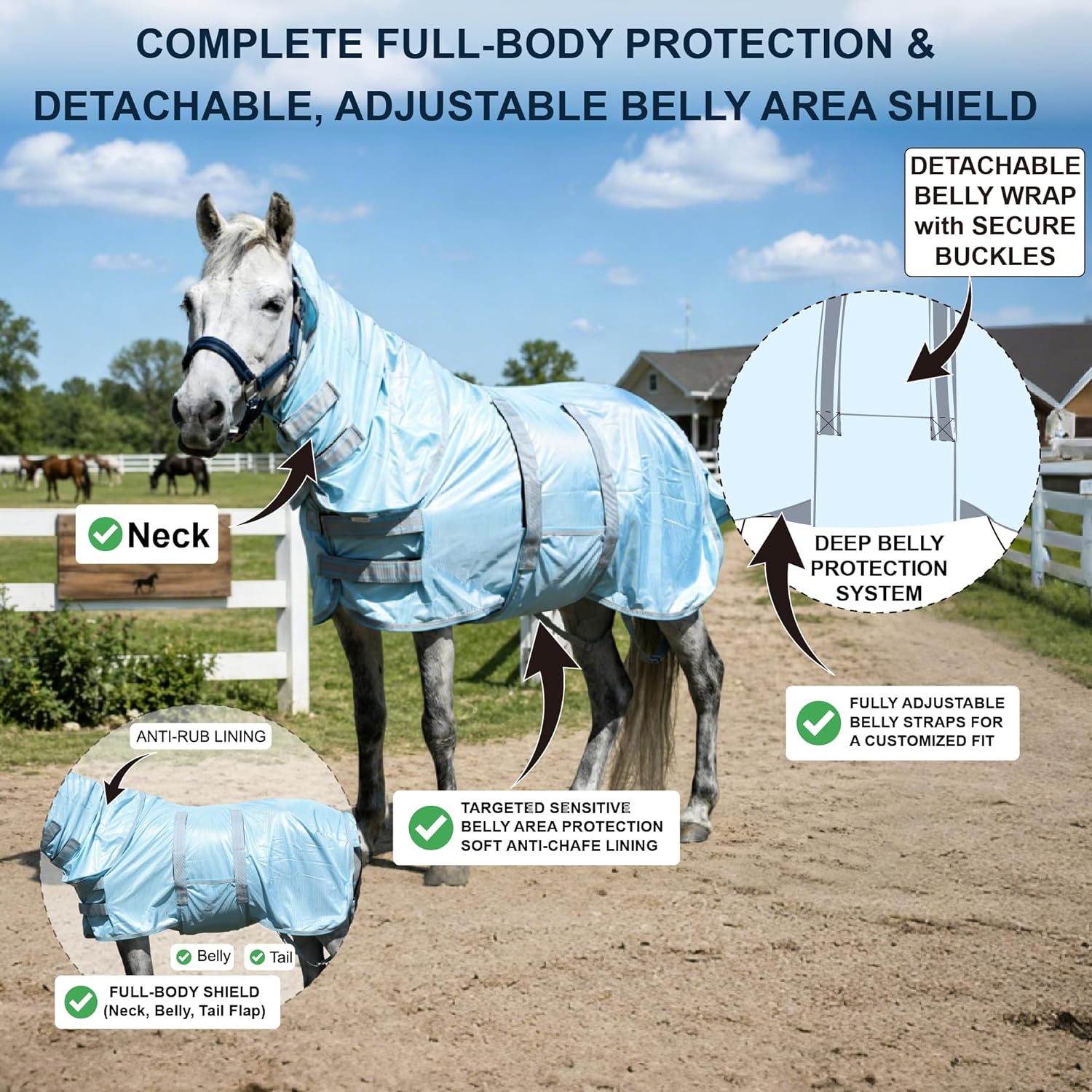 Fly Sheet for Mini Horse/Pony/Foal & Weanling/Yearling/Donkey - Detachable Neck Cover & Belly Wrap, Lightweight Airflow Mesh Summer Sheet for Pasture & Stable, UV Protection...