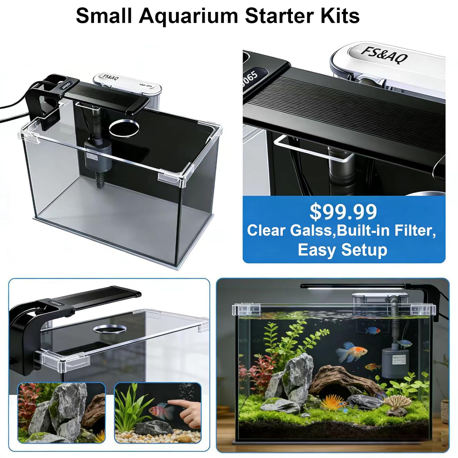 FS&AQ 2.5 Gallon Betta Fish Tank with Filter Light and Lid Small Aquarium Starter Kit Perfect for Desktops Offices or Beginners