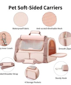 FUKUMARU Cat Carrier, 4 Mesh Windows Small Dog Carrier, 4 Storage Pockets Cat Travel Bag, Under 15 lb Airline Approved Pet Carrier, Rollable Cover for Nervous Cats, Pink