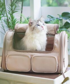 FUKUMARU Cat Carrier, 4 Mesh Windows Small Dog Carrier, 4 Storage Pockets Cat Travel Bag, Under 15 lb Airline Approved Pet Carrier, Rollable Cover for Nervous Cats, Pink