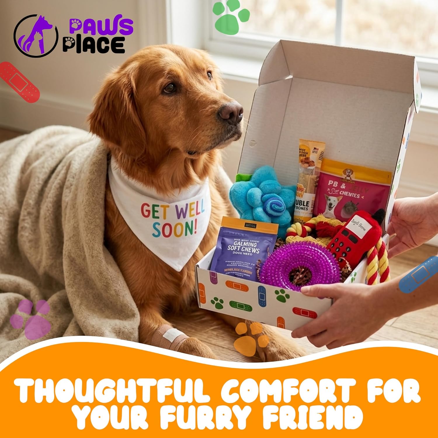 Get Well Soon Dog Gifts, Dog Care Package, Puppy Gift Basket with 3 Dog Treats and 4 Toys, Adorable Puppy Gift Basket, Pet Care Package