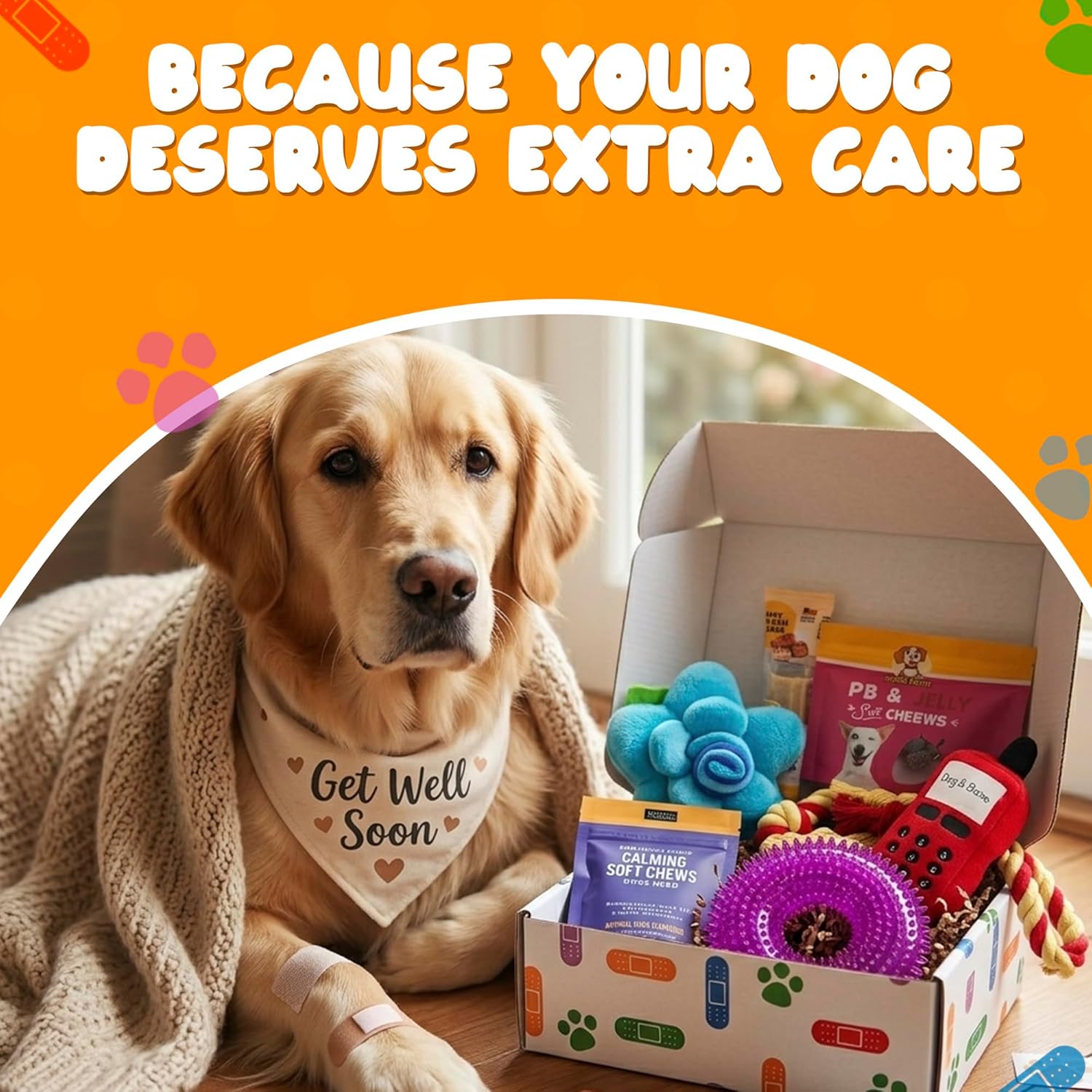 Get Well Soon Dog Gifts, Dog Care Package, Puppy Gift Basket with 3 Dog Treats and 4 Toys, Adorable Puppy Gift Basket, Pet Care Package
