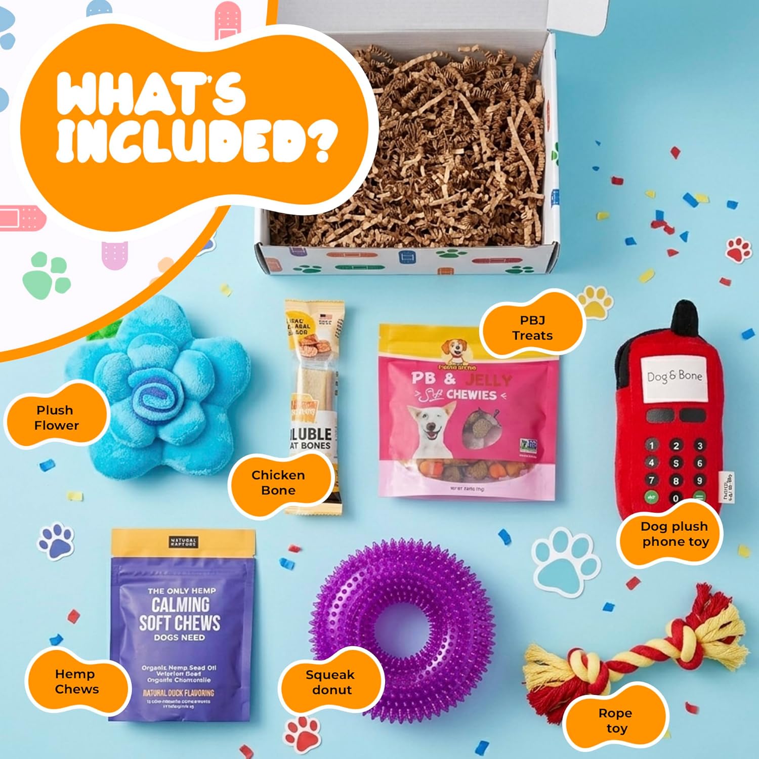 Get Well Soon Dog Gifts, Dog Care Package, Puppy Gift Basket with 3 Dog Treats and 4 Toys, Adorable Puppy Gift Basket, Pet Care Package
