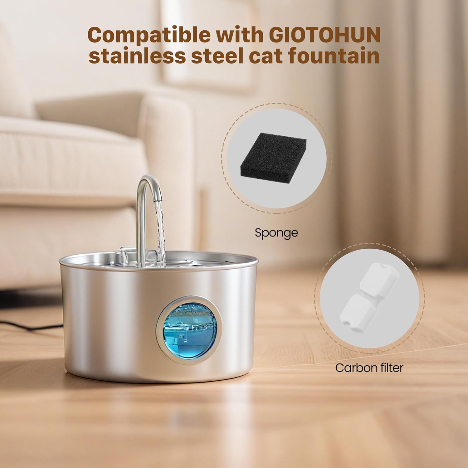 GIOTOHUN Cat Water Fountain Filter Replacement: 12 Cat Fountain Filter - 12 Pet Fountain Filter - 6 Carbon Filters & 6 Foam Filters - Suitable for GIOTOHUN Stainless Steel Cat...