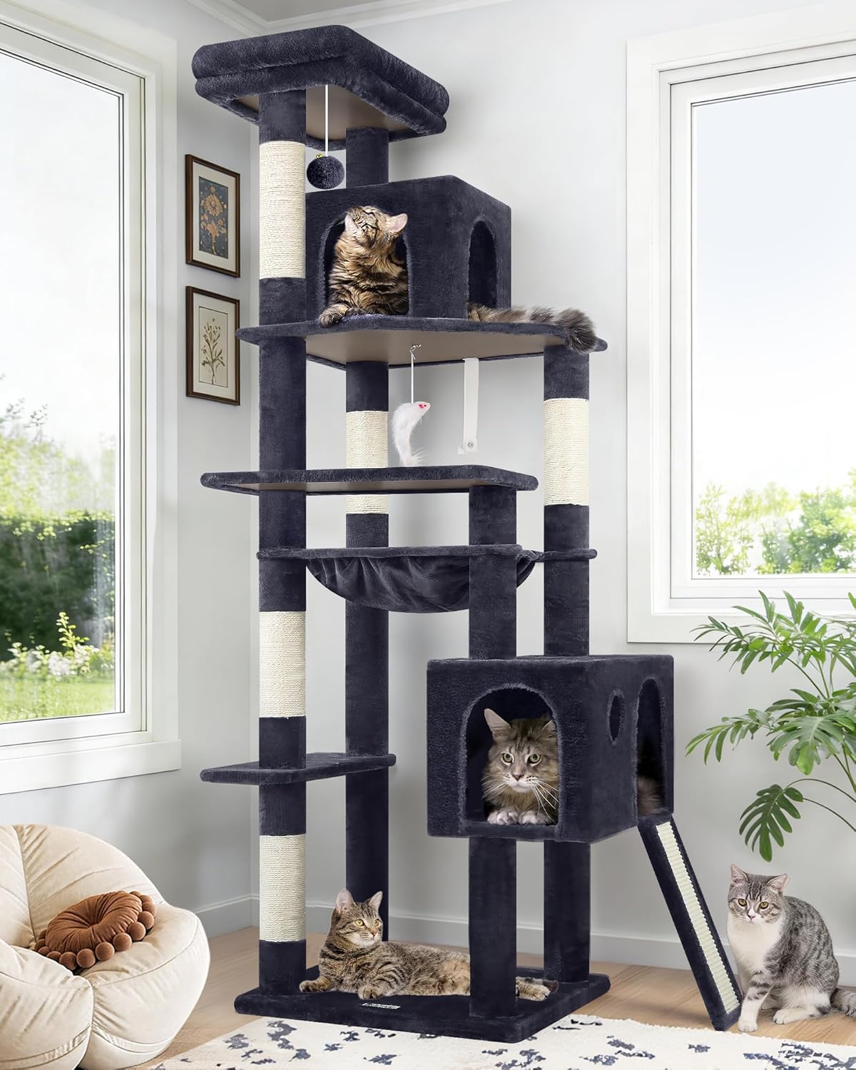 Globlazer Heavy Duty Cat Tree, 70 inch Sturdy Cat Tree for Indoor Cats Extra Large Cat Tower with Scratching Post, Hammock, Cat Condo for Adult Cats Kittens, F70 Pro, Light Grey
