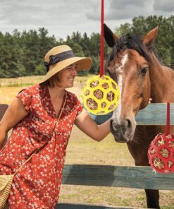 Goat Feeder Hanging Feeding Toy,Horse Treat Hay Feeder Toy, Durable TPR Feeding,for Horse Goat Sheep Relieve Stress,Stretch-Resistant Design(2pcs,Red+Yellow)