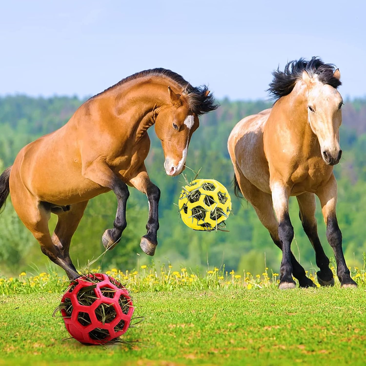 Goat Feeder Hanging Feeding Toy,Horse Treat Hay Feeder Toy, Durable TPR Feeding,for Horse Goat Sheep Relieve Stress,Stretch-Resistant Design(2pcs,Red+Yellow)